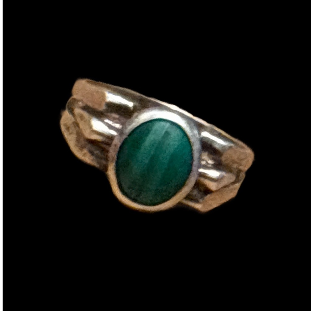 Mid Century Modern Stamped Silver Malachite Ring Size 6 - Picture 3 of 12